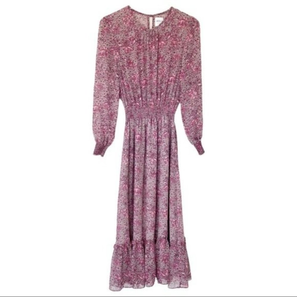 Misa Los Angeles Floral Vine Print Smocked Gray Purple Midi Dress Size M